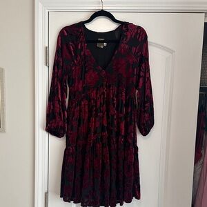 H&M Dark Red and Black Floral Long Sleeve Dress